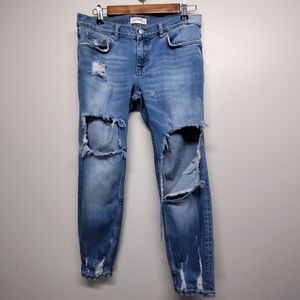 Zara Woman Premium Denim Collection Jeans Size 6 Blue Destroyed Cropped Stretch